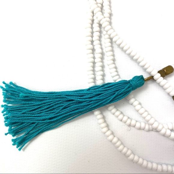 White seed bead with aqua tassel wrap necklace - Picture 14 of 15